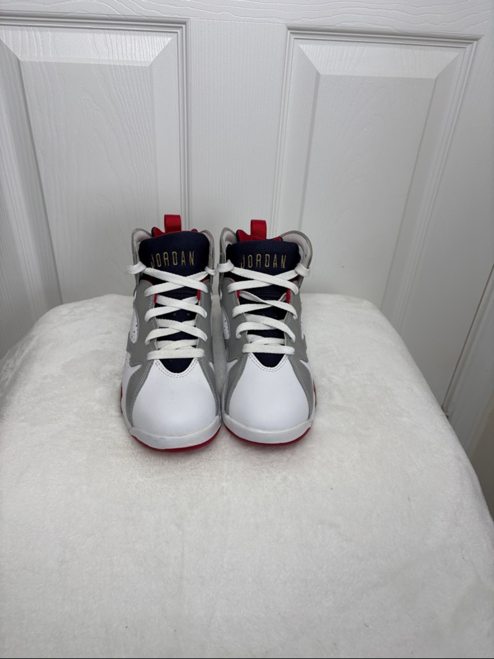 Jordan 7 Retro White, Metallic Gold & Red High-Top Sneakers